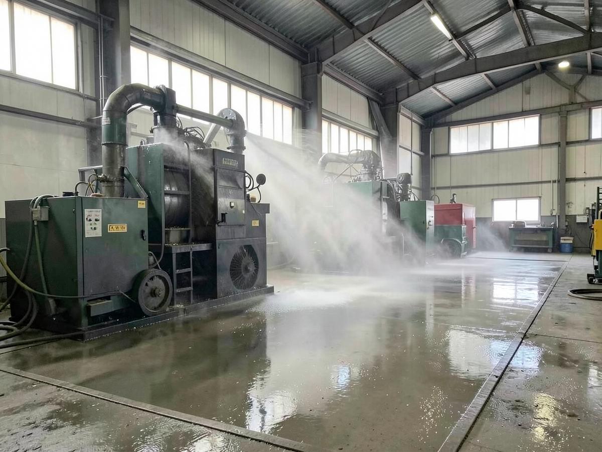 Machinery and warehouse floor being washed down